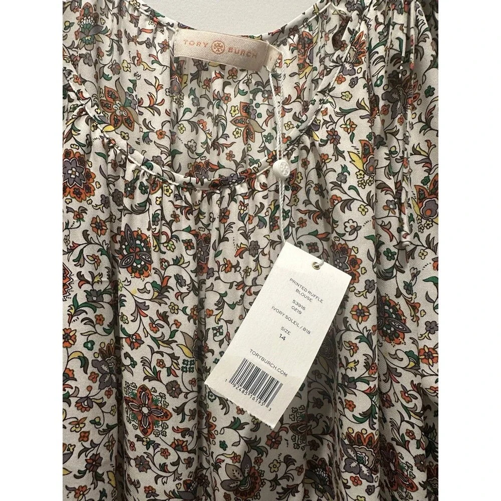 Tory Burch Floral Ruffle Peasant Blouse Women’s 3/4 Sleeve Boho Square Neck Top